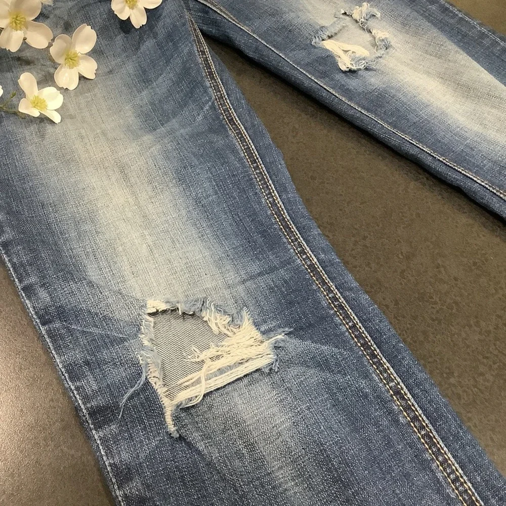 Standards & Practices Ripped Straight Leg Jeans Medium Wash Distressed Crinkle - Picture 5 of 16